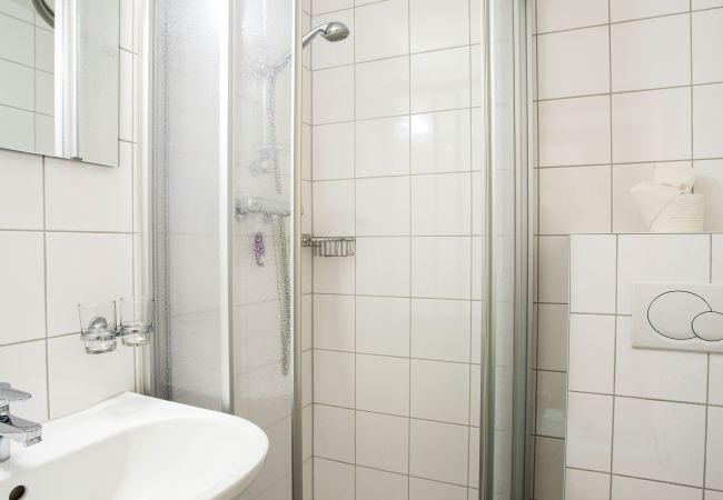Badkamer Christiane Alpenhaus Montafon Badkamer met toilet, douche en wastafel in Christiane Alpenhaus Montafon