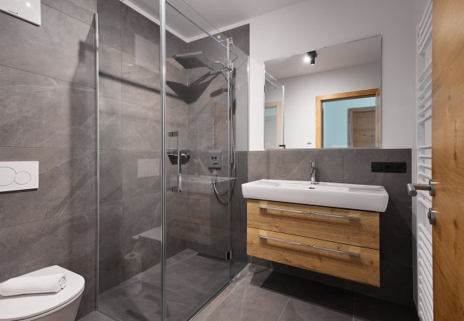 Badkamer Alm Lodge 4 Badkamer met toilet, douche en wastafel in Alm Lodge 4