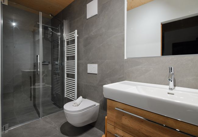 Badkamer Alm Lodge 4 Badkamer met toilet, douche en wastafel in Alm Lodge 4