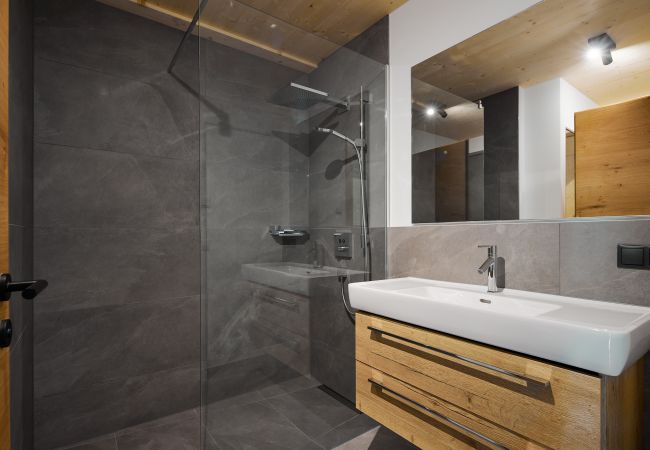 Badkamer Alm Lodge 4 Badkamer met toilet, douche en wastafel in Alm Lodge 4