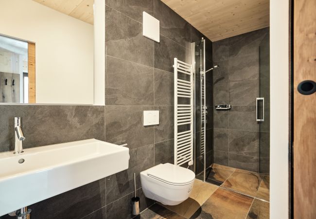Badkamer Alm Lodge 5 Badkamer met toilet, douche en wastafel in Alm Lodge 5