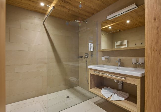 Badkamer Bartgeier 119 Alpin-Resort Montafon Badkamer met douche en wastafel in Bartgeier 119 Alpin-Resort Montafon