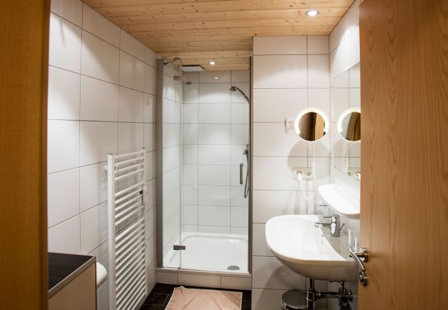 Bad Delia Alpenhaus Montafon Bad mit Dusche und Waschbecken im Delia Alpenhaus Montafon